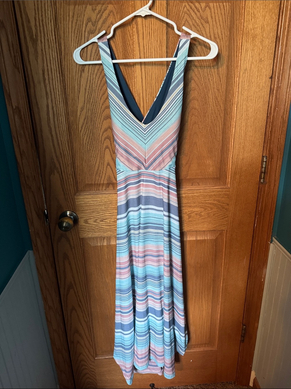 Prana Saxon Striped V-Neck Maxi Dress in Pastel Blue and Pink